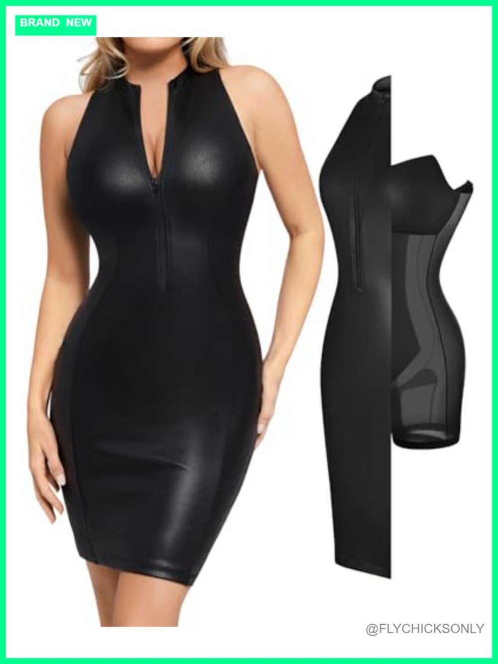 Faux Leather Bodycon Dress with Shapewear, Sleeveless with Zipper